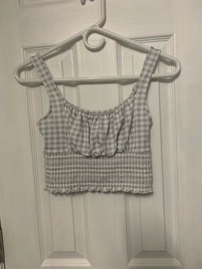Hollister Light Gray & White Gingham Smocked Crop Top